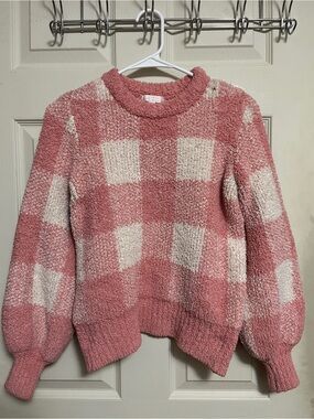 LC Lauren Conrad Pink and Cream Check Plush Crewneck Sweater